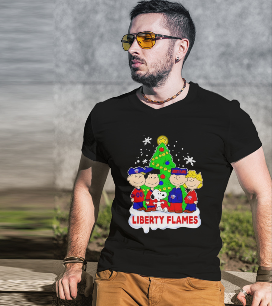 Liberty Flames Peanuts Characters Christmas Tree Snoopy Charlie Brown T-Shirt
