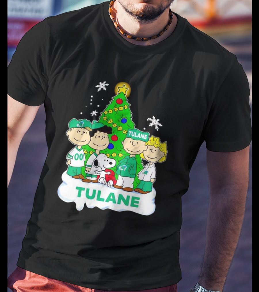 Peanuts Characters Tulane Green Wave Christmas Tree Snoopy Snowflakes T-Shirt