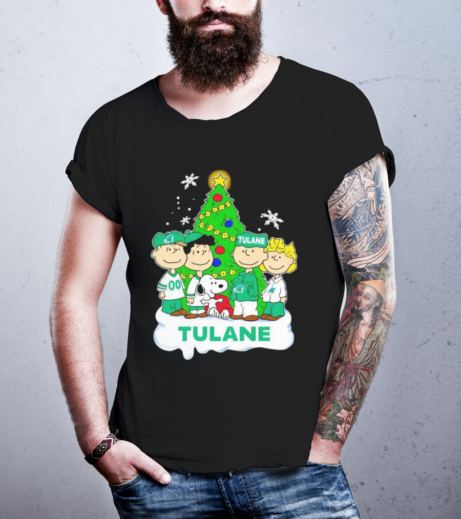 Peanuts Characters Tulane Green Wave Christmas Tree Snoopy Snowflakes T-Shirt