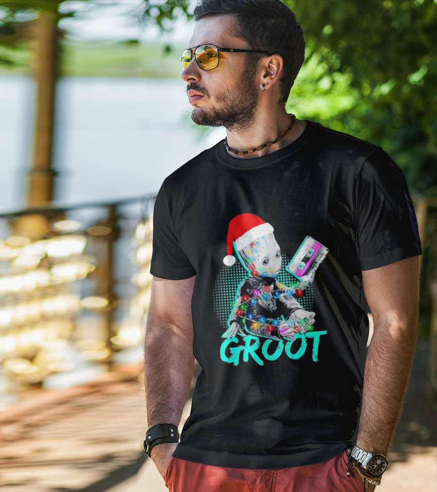 Santa Baby Groot With Cassette Tape And Holiday Lights T-Shirt
