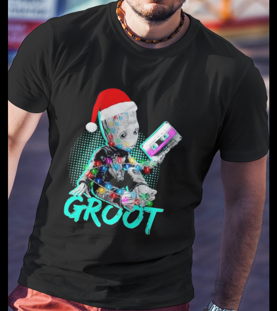 Santa Baby Groot With Cassette Tape And Holiday Lights T-Shirt