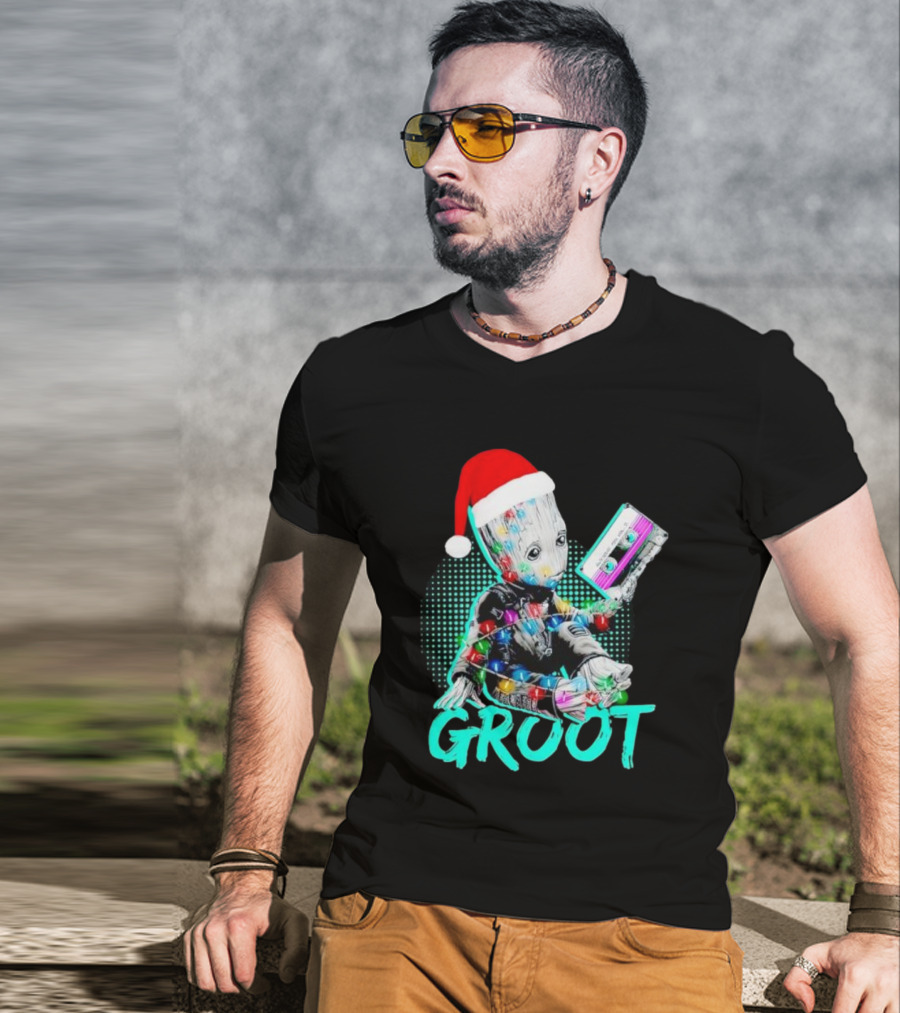 Santa Baby Groot With Cassette Tape And Holiday Lights T-Shirt
