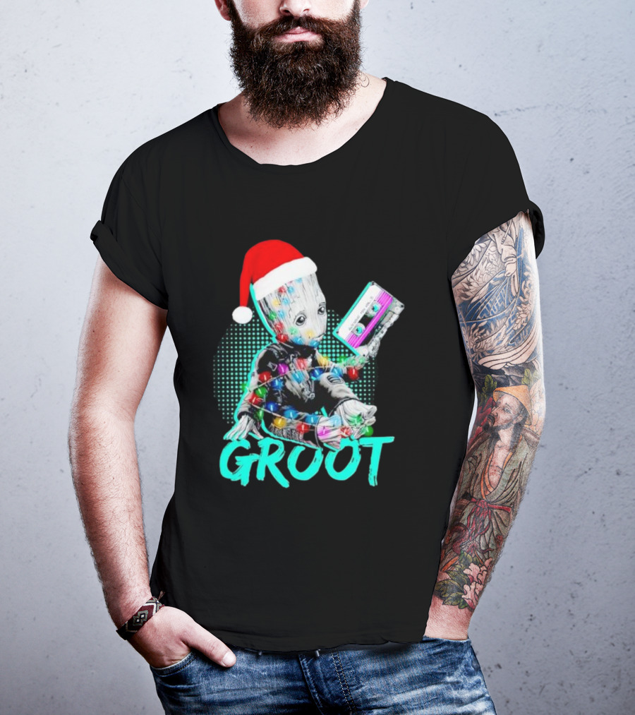 Santa Baby Groot With Cassette Tape And Holiday Lights T-Shirt