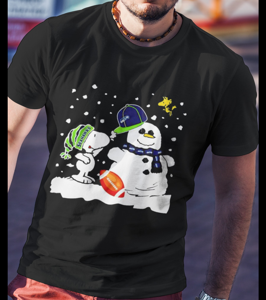 Seattle Seahawks Snoopy Snowman Hat Winter Football Scene T-Shirt