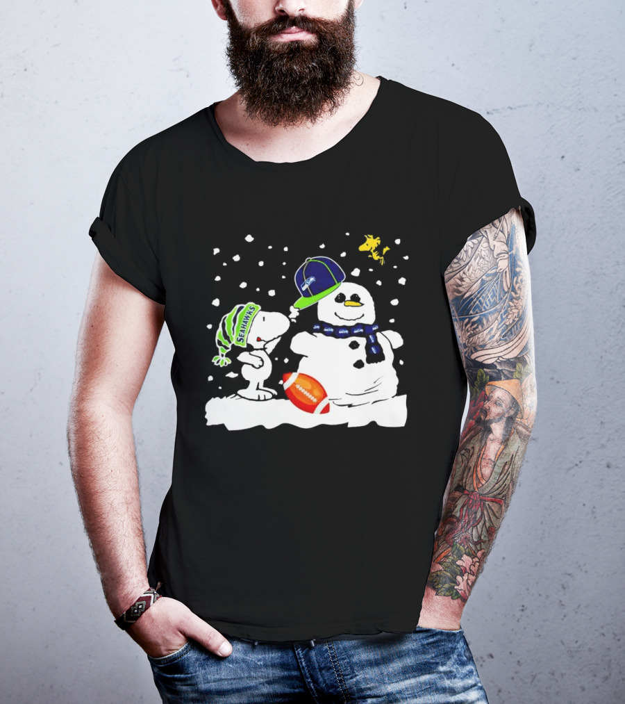 Seattle Seahawks Snoopy Snowman Hat Winter Football Scene T-Shirt