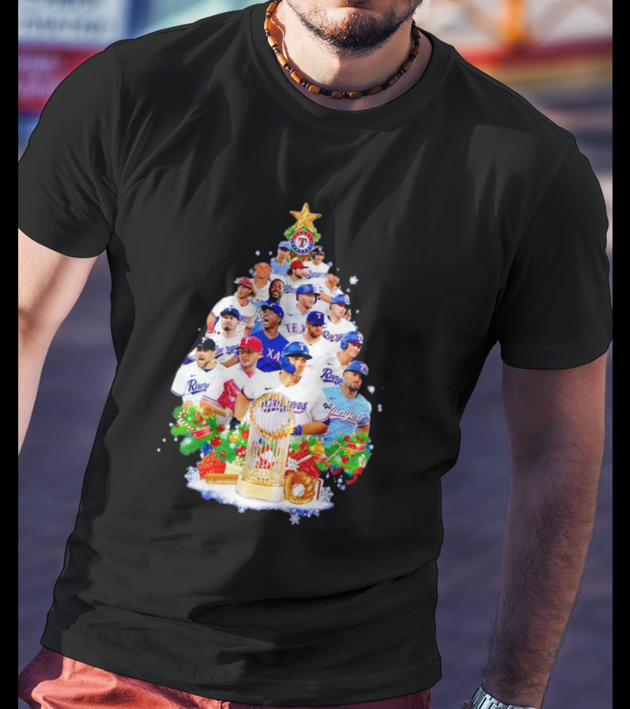 Texas Rangers Players Christmas Tree With Trophy And Ornaments T-Shirt