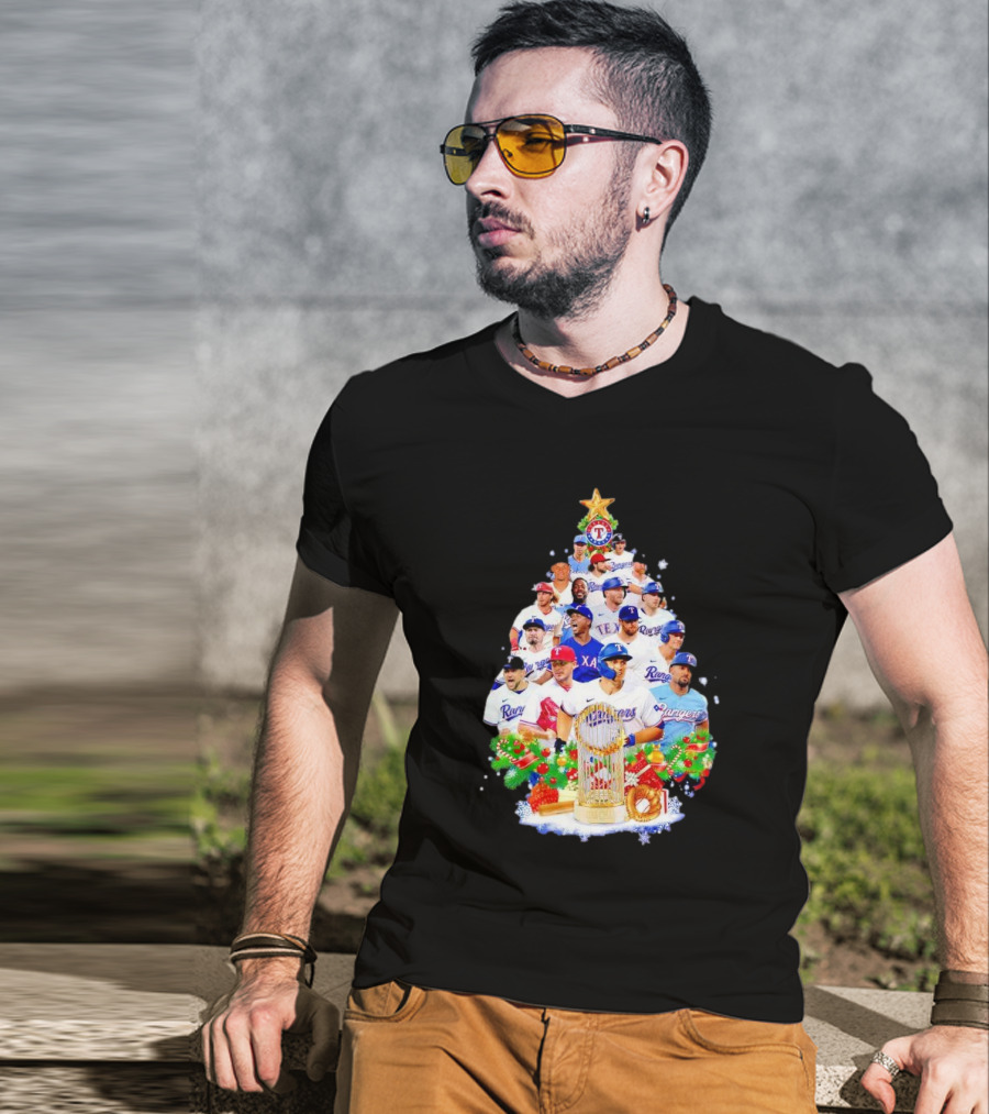Texas Rangers Players Christmas Tree With Trophy And Ornaments T-Shirt