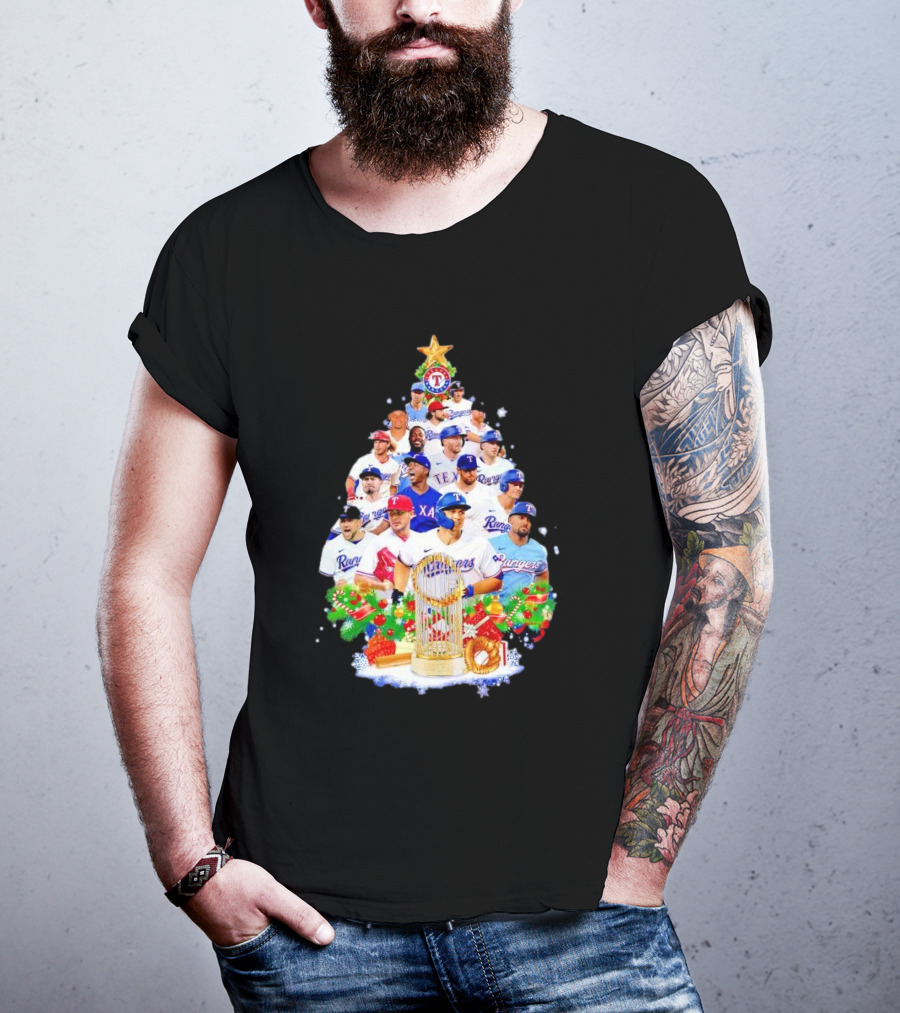 Texas Rangers Players Christmas Tree With Trophy And Ornaments T-Shirt