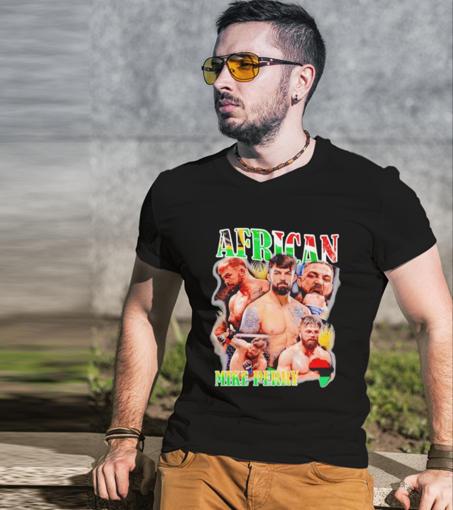 AFRICAN MIKE PERRY Fighter Collage With Black Red Green Map T-Shirt