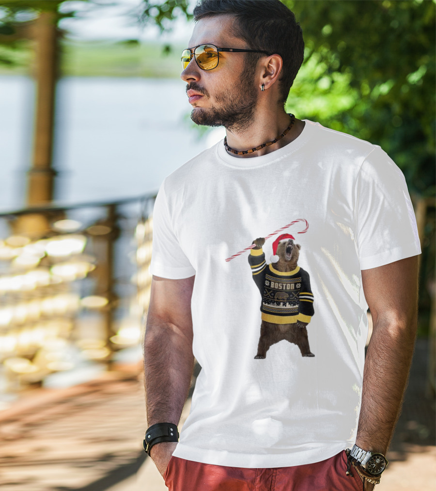 Boston Bear Christmas Holiday Sweater Santa Hat Candy Cane T-Shirt