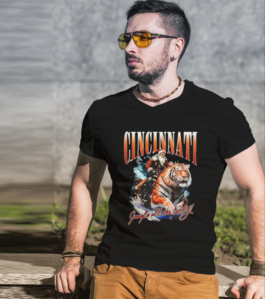 Cincinnati Santa Riding Tiger Jungle All The Way Christmas T-Shirt