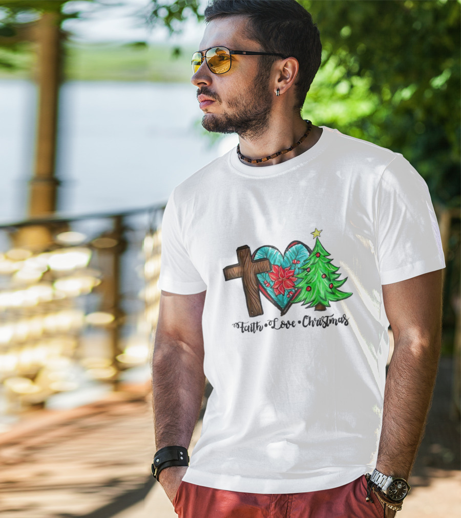 Faith Love Christmas Cross Poinsettia Tree T-Shirt