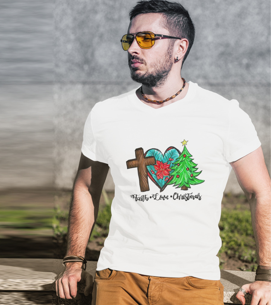 Faith Love Christmas Cross Poinsettia Tree T-Shirt