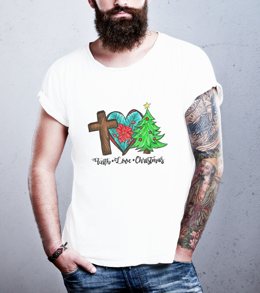 Faith Love Christmas Cross Poinsettia Tree T-Shirt