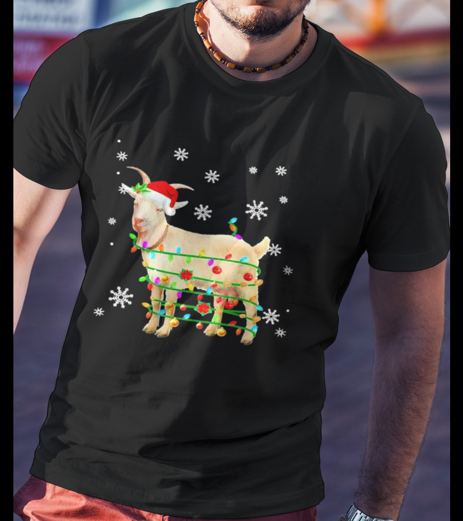 Goat Wrapped In Christmas Lights With Santa Hat And Snowflakes T-Shirt
