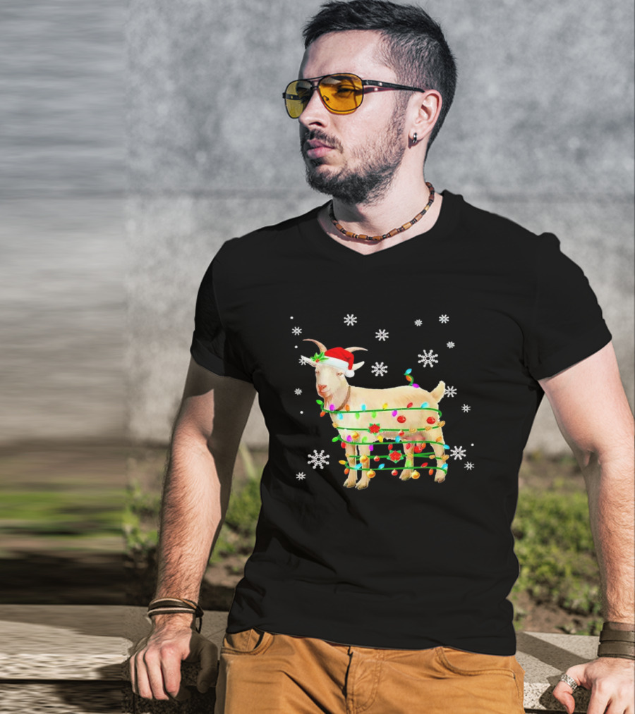 Goat Wrapped In Christmas Lights With Santa Hat And Snowflakes T-Shirt