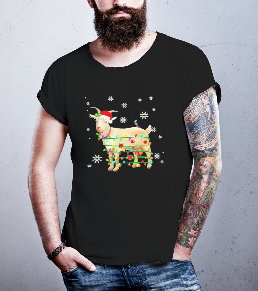 Goat Wrapped In Christmas Lights With Santa Hat And Snowflakes T-Shirt