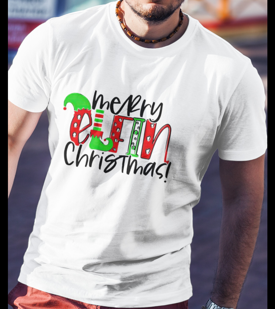 Merry Elfin Christmas Green Elf Shoe And Hat Red Stripes And Polka Dots T-Shirt
