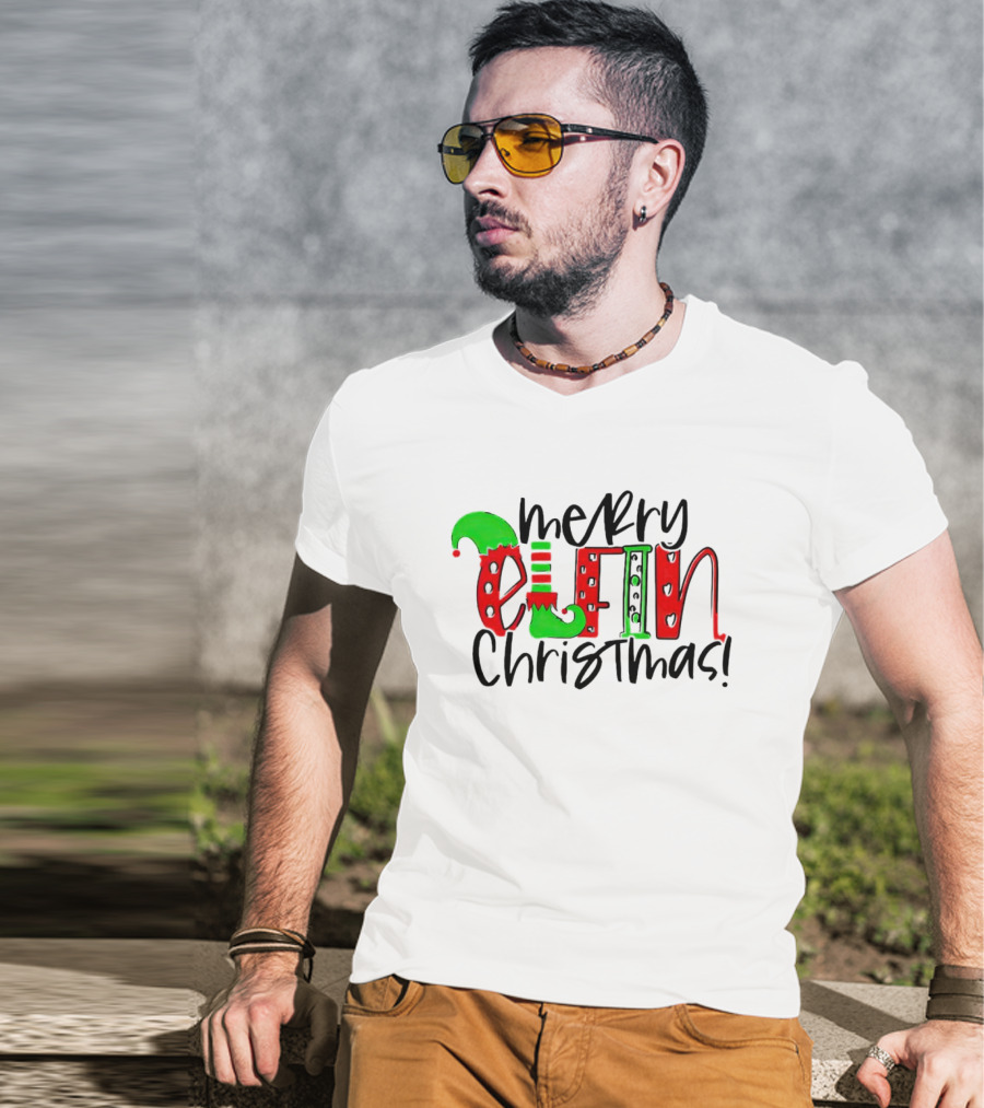 Merry Elfin Christmas Green Elf Shoe And Hat Red Stripes And Polka Dots T-Shirt