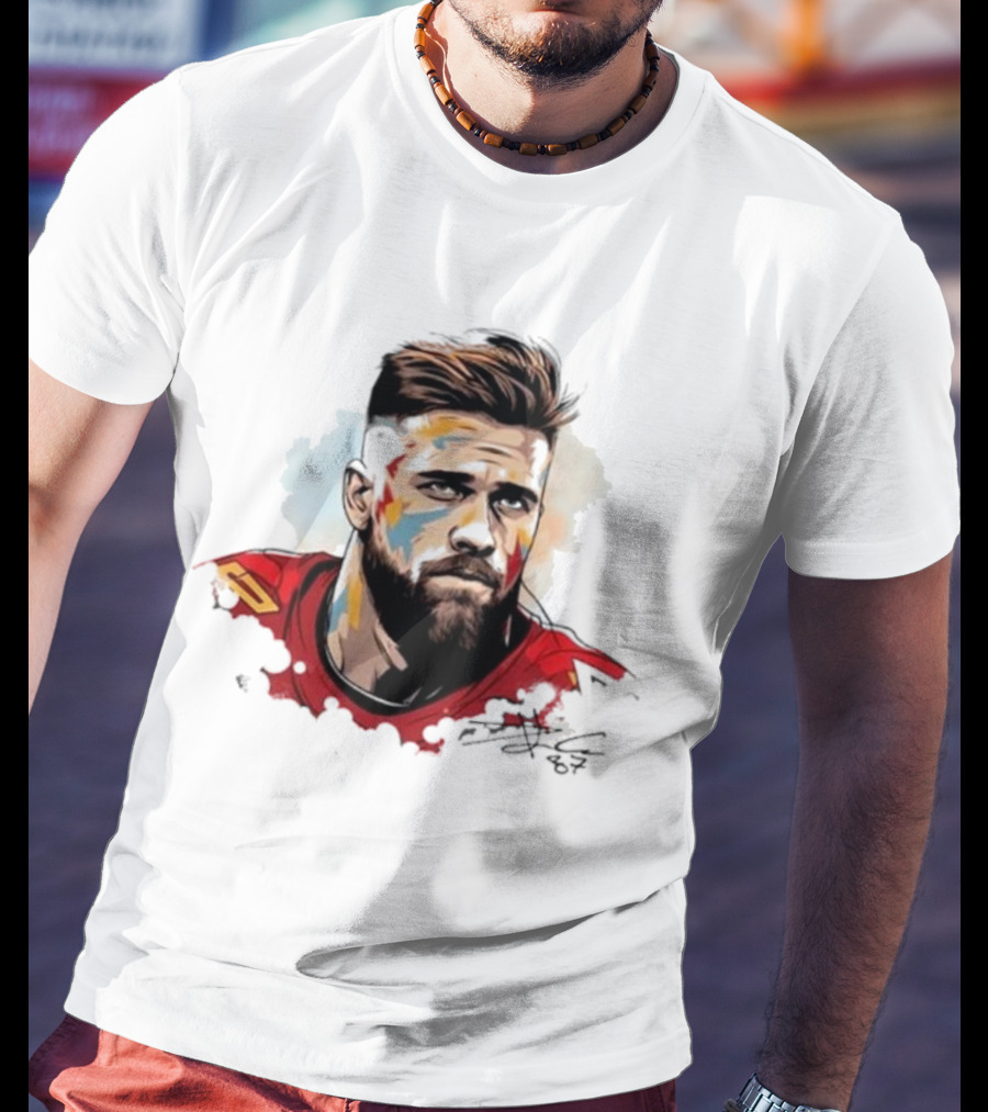 Travis Kelce Signed Portrait Artwork In Red Jersey T-Shirt