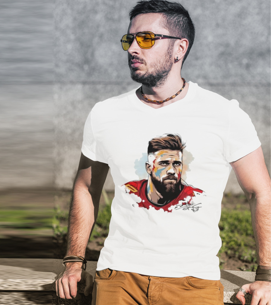 Travis Kelce Signed Portrait Artwork In Red Jersey T-Shirt