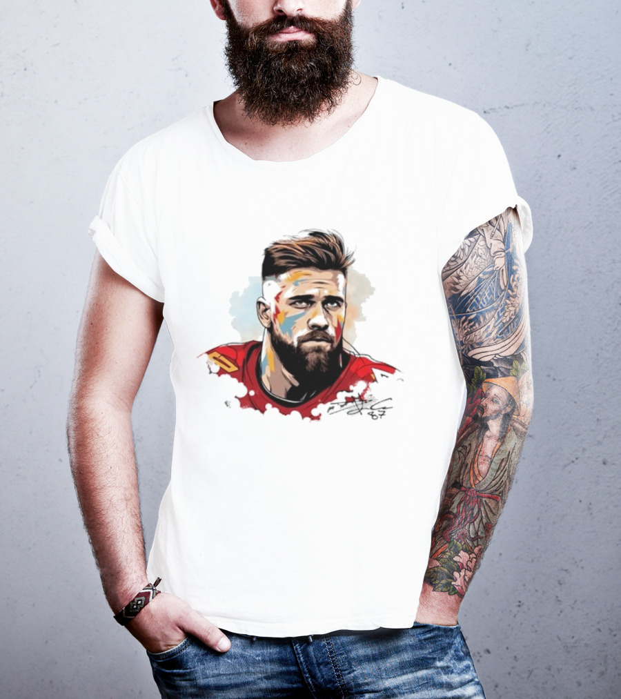 Travis Kelce Signed Portrait Artwork In Red Jersey T-Shirt