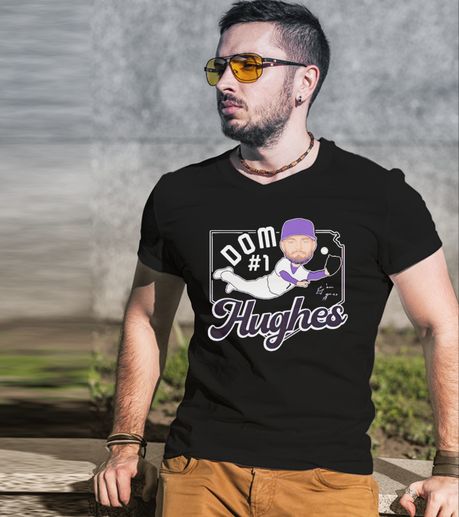 Dom #1 Hughes Caricature Baseball Player Signature T-Shirt