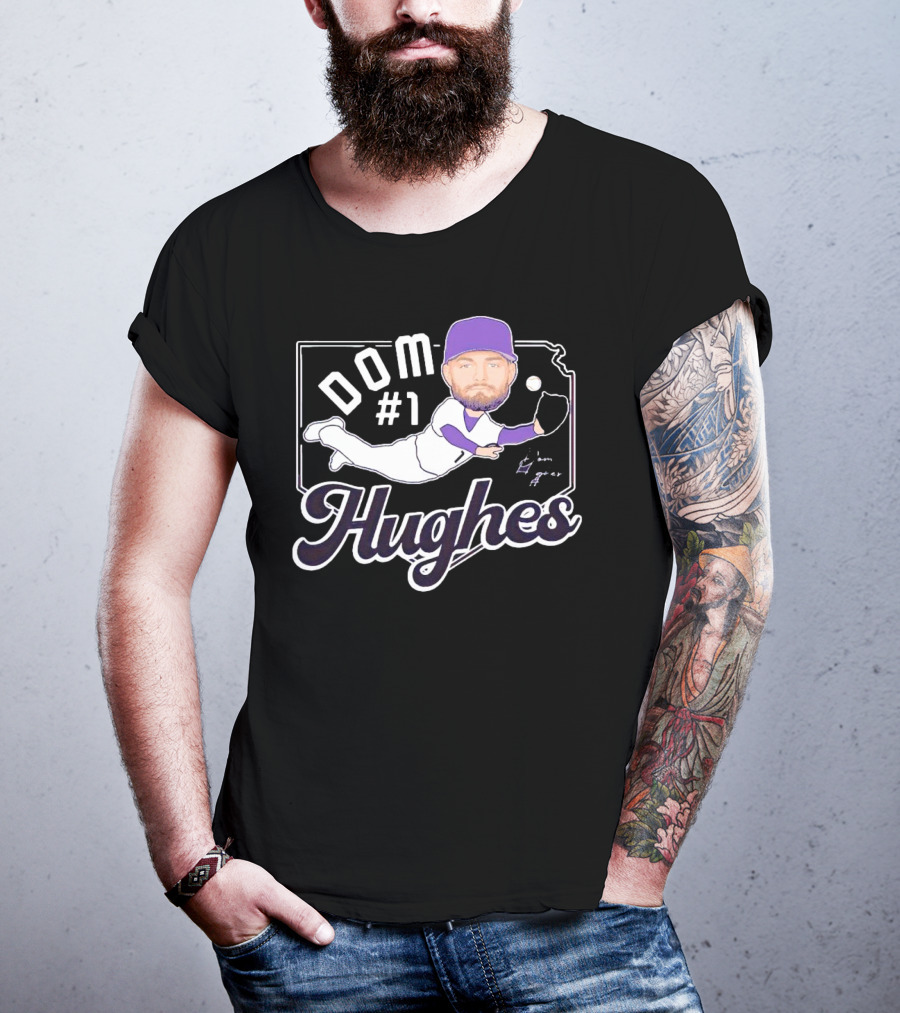 Dom #1 Hughes Caricature Baseball Player Signature T-Shirt