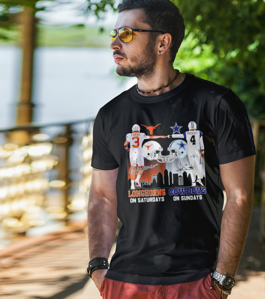 Ewers Longhorns On Saturdays Prescott Cowboys On Sundays Football Helms And Skyline T-Shirt