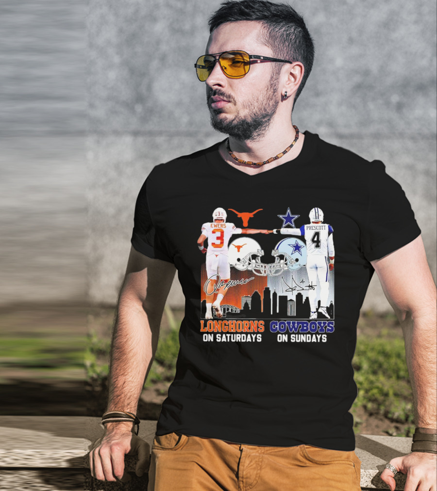 Ewers Longhorns On Saturdays Prescott Cowboys On Sundays Football Helms And Skyline T-Shirt