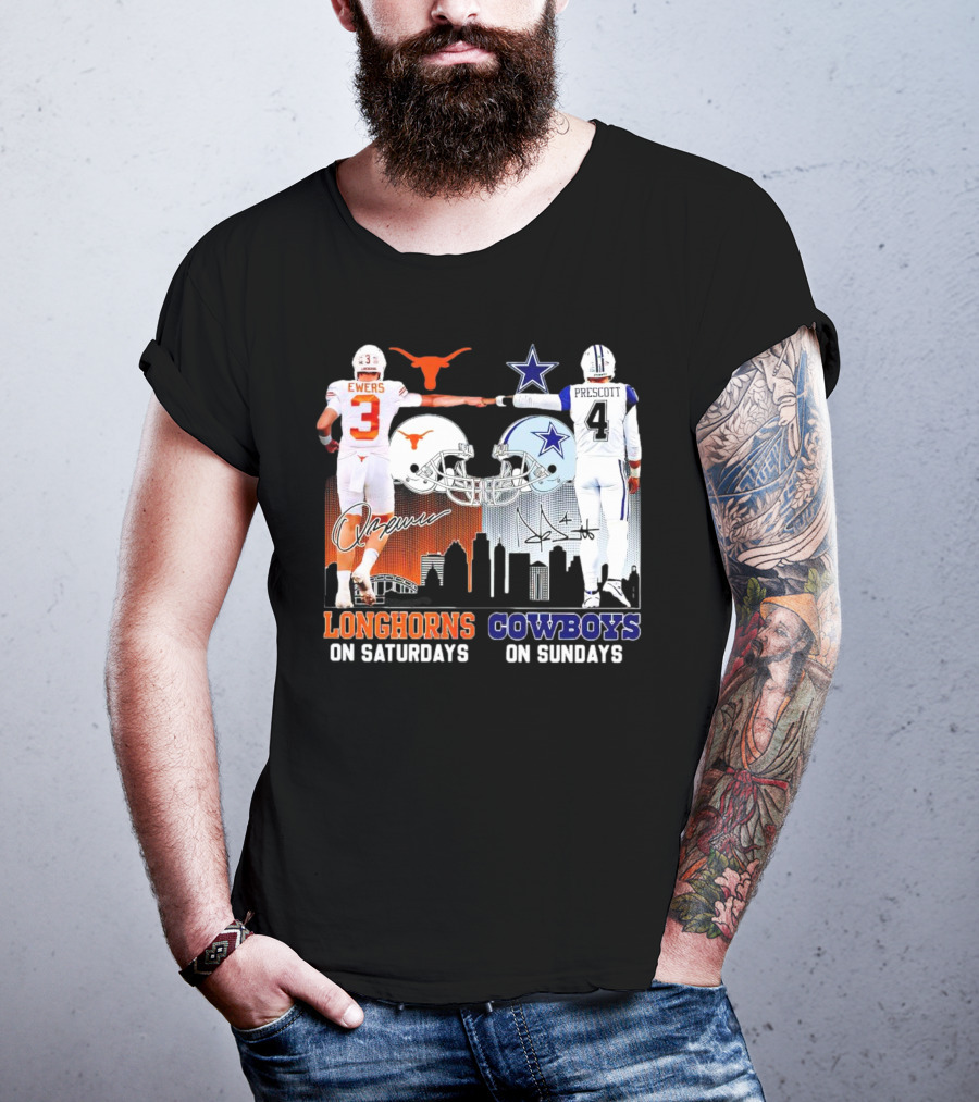 Ewers Longhorns On Saturdays Prescott Cowboys On Sundays Football Helms And Skyline T-Shirt