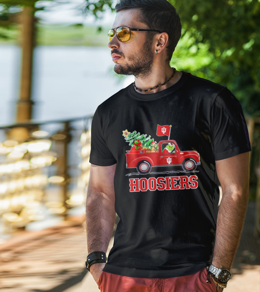 Grinch Driving Indiana Hoosiers Christmas Truck With Holiday Tree T-Shirt
