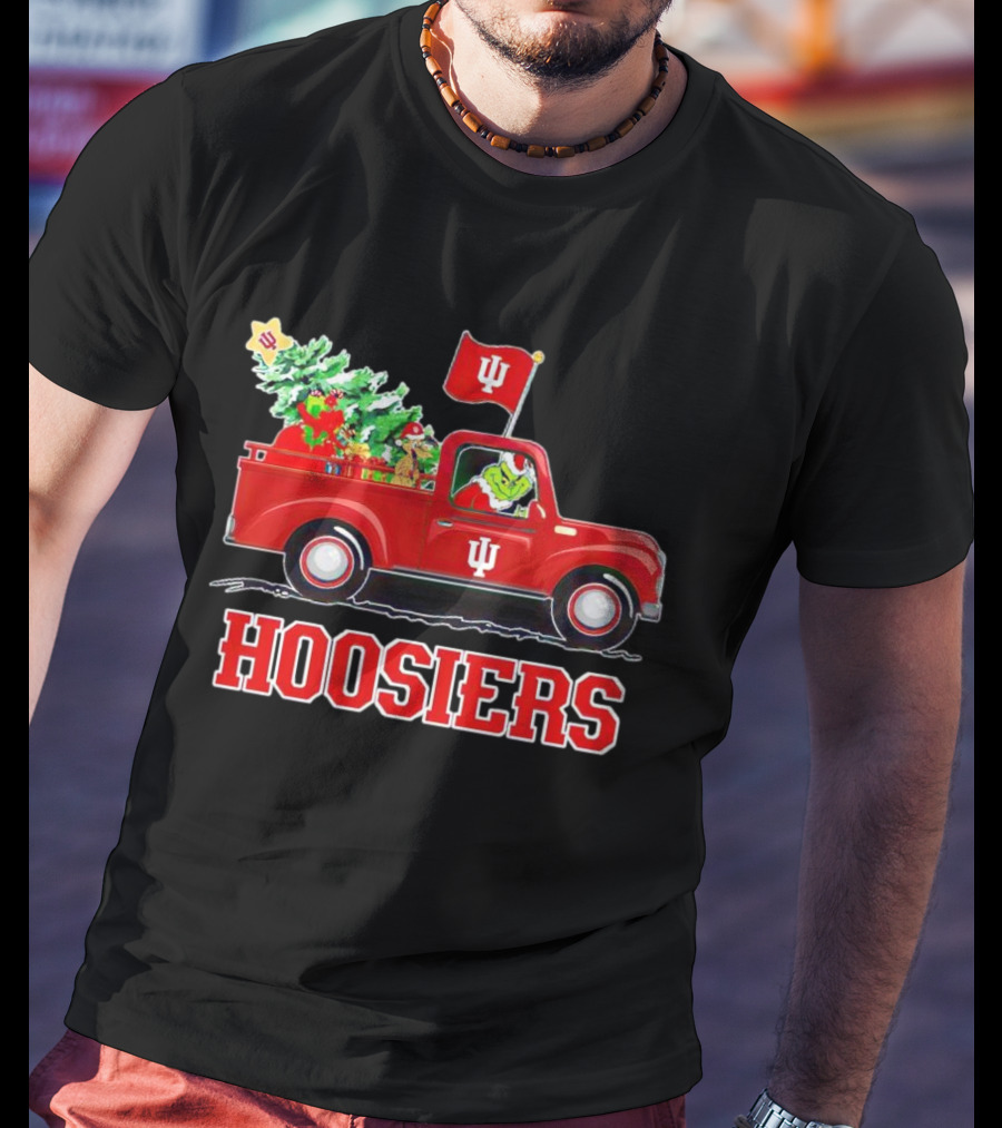 Grinch Driving Indiana Hoosiers Christmas Truck With Holiday Tree T-Shirt
