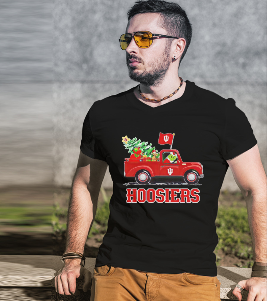 Grinch Driving Indiana Hoosiers Christmas Truck With Holiday Tree T-Shirt