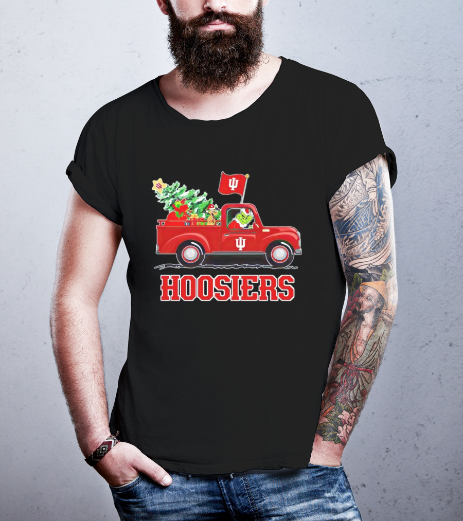 Grinch Driving Indiana Hoosiers Christmas Truck With Holiday Tree T-Shirt