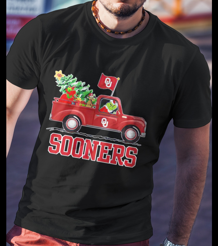 Grinch Driving Red Truck With Christmas Tree Oklahoma Sooners T-Shirt