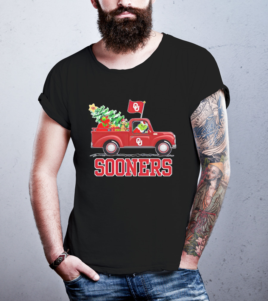 Grinch Driving Red Truck With Christmas Tree Oklahoma Sooners T-Shirt