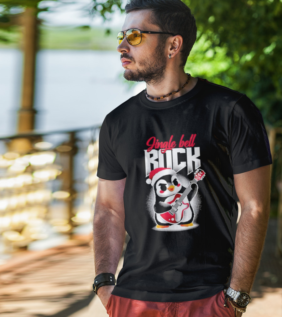 Jingle Bell Rock Penguin Playing Christmas Guitar In Santa Hat T-Shirt