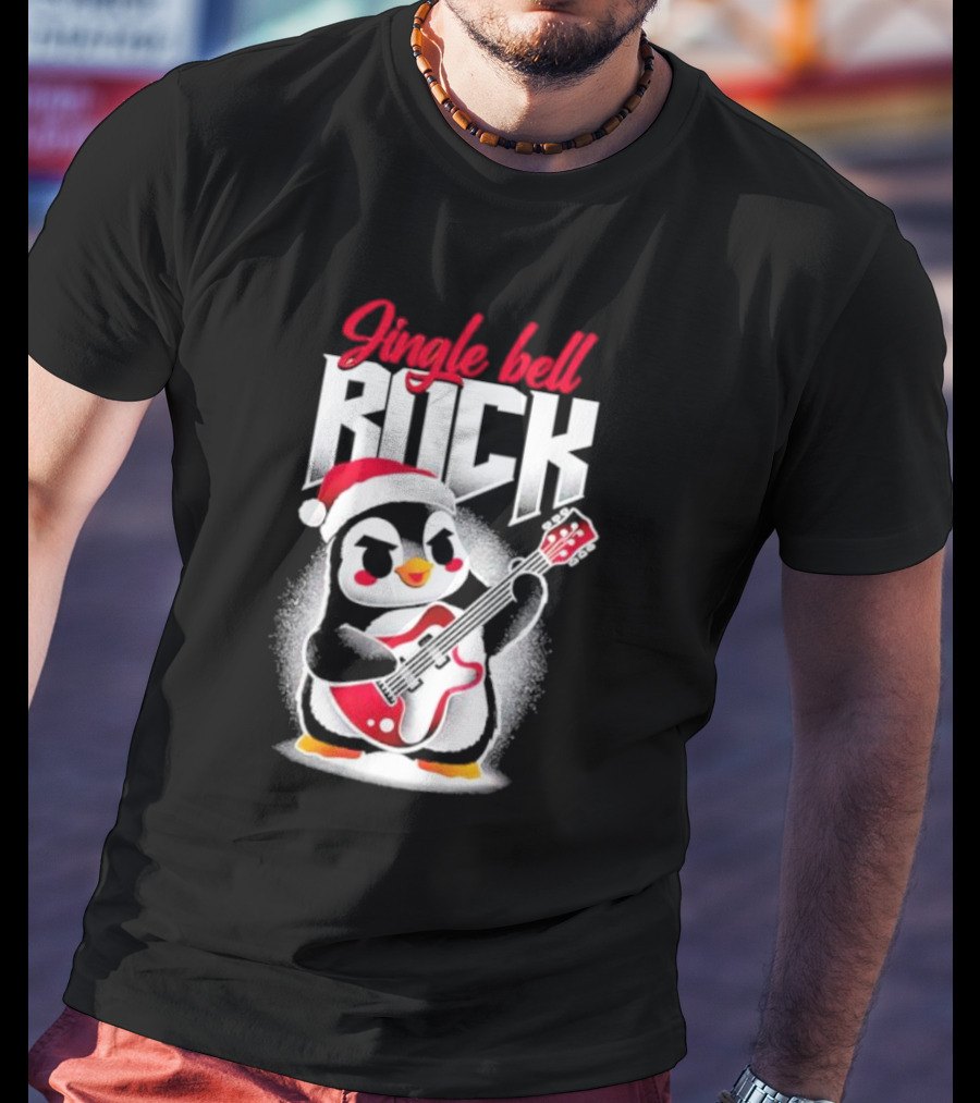 Jingle Bell Rock Penguin Playing Christmas Guitar In Santa Hat T-Shirt