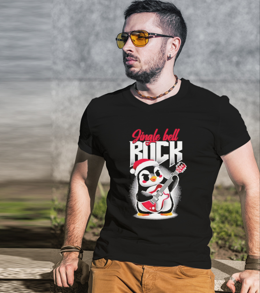 Jingle Bell Rock Penguin Playing Christmas Guitar In Santa Hat T-Shirt