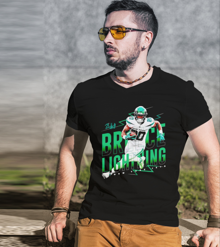 Breece Lightning New York Jets Signature Football T-Shirt