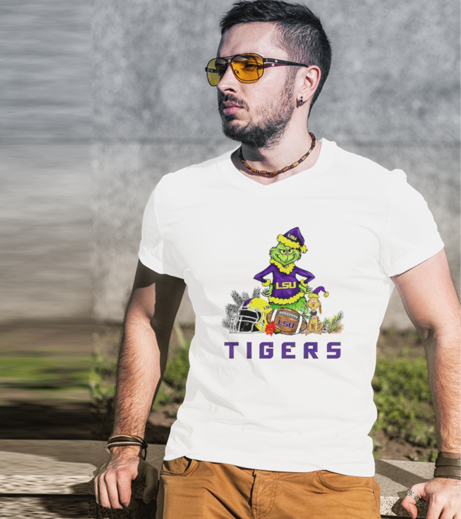 LSU Tigers Grinch And Max Dog Christmas Football T-Shirt