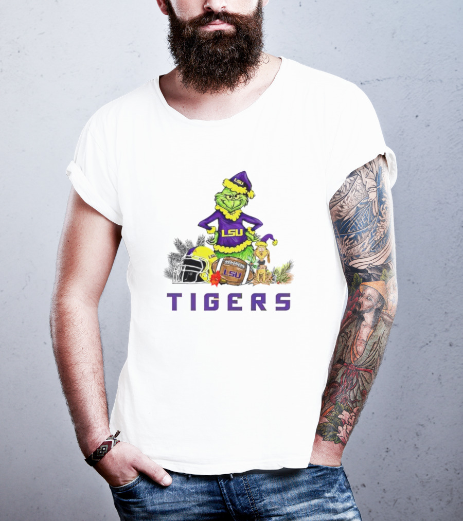 LSU Tigers Grinch And Max Dog Christmas Football T-Shirt