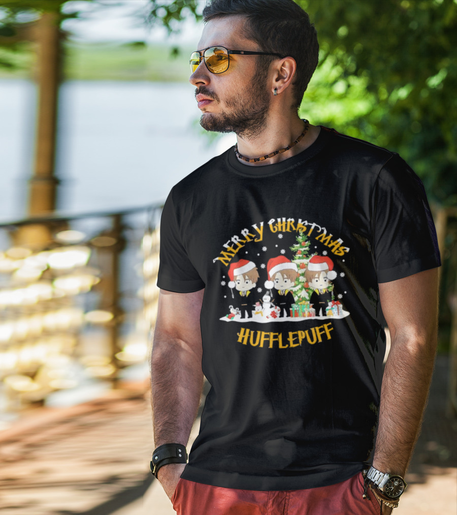 Merry Christmas Hufflepuff Characters With Santa Hats And Christmas Tree T-Shirt