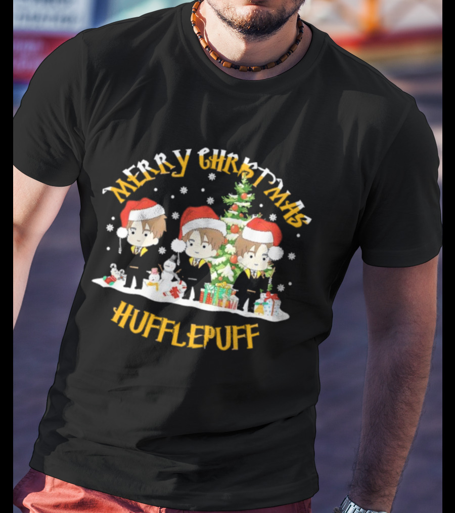 Merry Christmas Hufflepuff Characters With Santa Hats And Christmas Tree T-Shirt