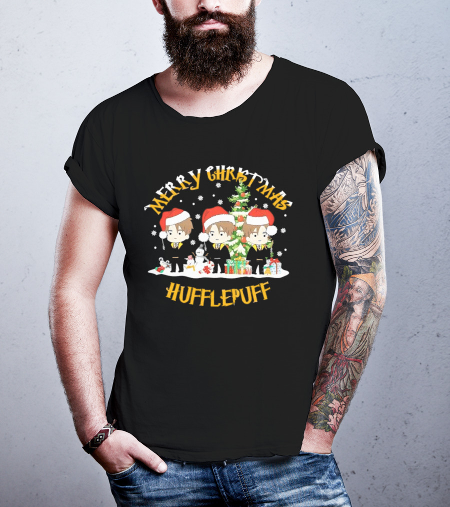Merry Christmas Hufflepuff Characters With Santa Hats And Christmas Tree T-Shirt