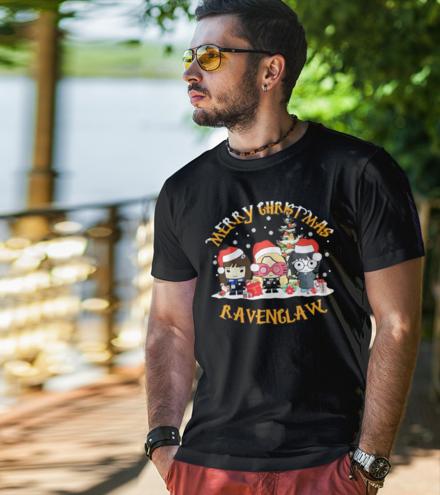 Merry Christmas Ravenclaw Characters With Santa Hats And Christmas Tree T-Shirt