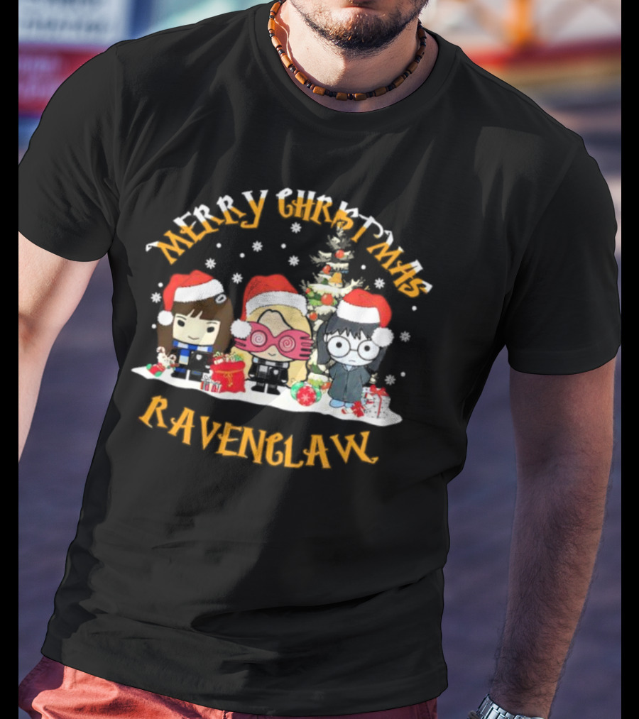 Merry Christmas Ravenclaw Characters With Santa Hats And Christmas Tree T-Shirt