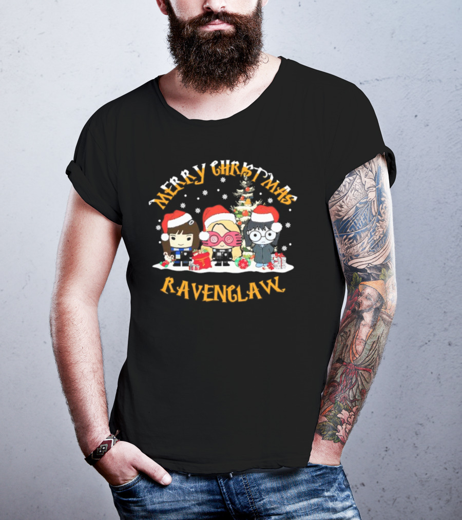 Merry Christmas Ravenclaw Characters With Santa Hats And Christmas Tree T-Shirt