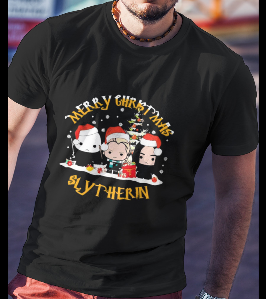 Merry Christmas Slytherin Characters With Holiday Tree And Santa Hats T-Shirt